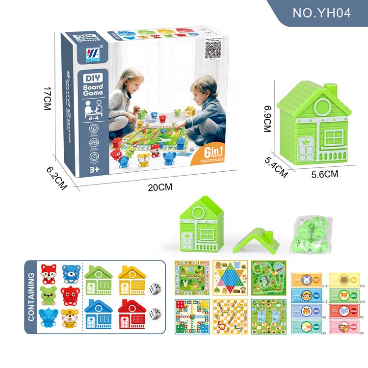 大富翁/跳棋/蛇棋/冒险棋/飞机棋/斗兽棋 6合1亲子益智棋类桌游拼图 DIY森林叠堆动物颜色配对屋 4色158PC YH04