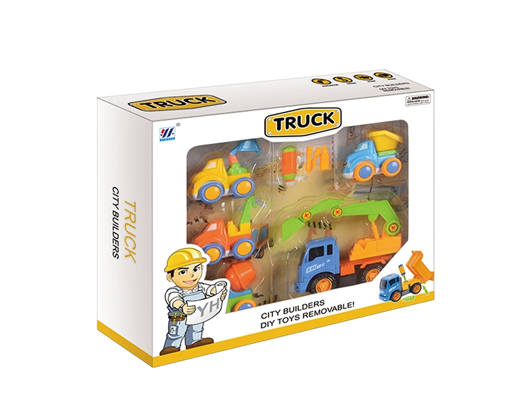 DIY挖掘机惯性拆装卡通工程车配四只小工程（四色混装） YH559-26A