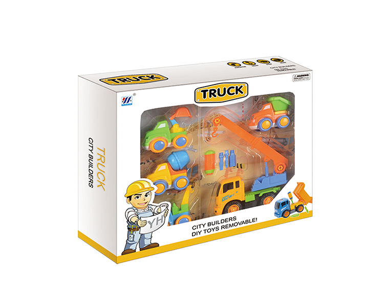 DIY吊车惯性拆装卡通工程车配四只小工程（四色混装） YH559-26B