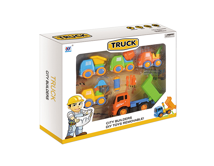 DIY自卸卡车惯性拆装卡通工程车配四只小工程（四色混装） YH559-26C