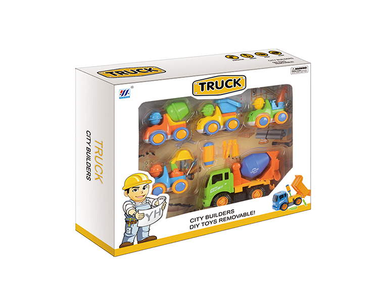 DIY搅拌车惯性拆装卡通工程车配四只小工程（四色混装） YH559-26D