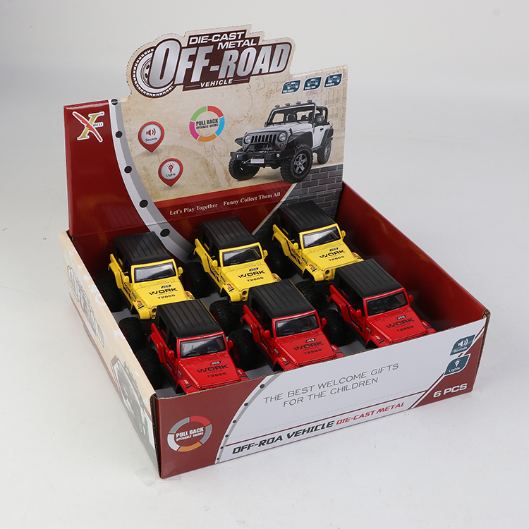 1:32牧马人（有斗）合金回力大轮车,2开门，（1款2色混装6只装一展示盒） XL80774-6