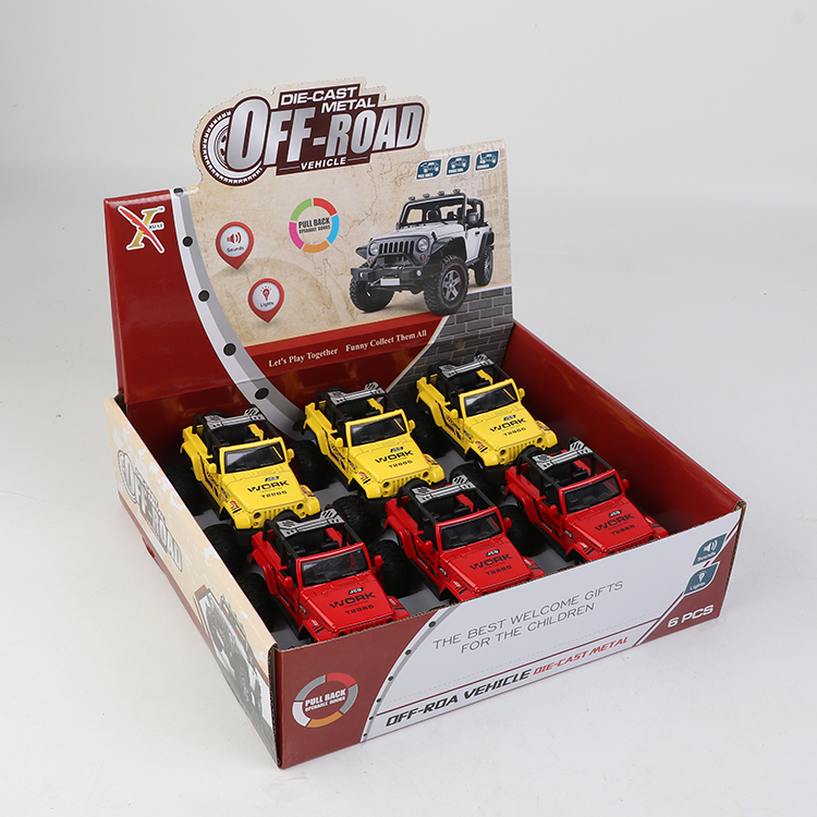 1:32牧马人（敞蓬）合金回力大轮车,2开门，（1款2色混装6只装一展示盒） XL80775-6