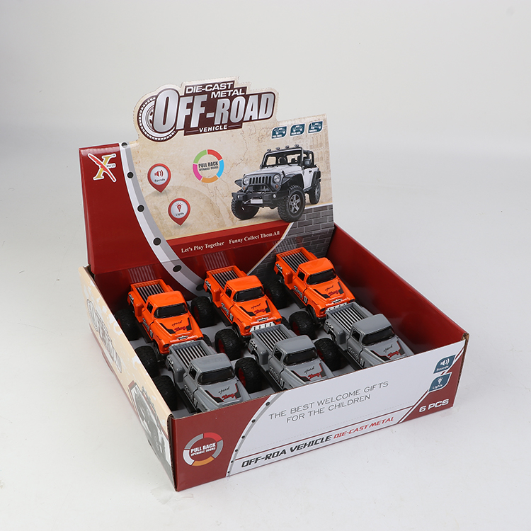 1:32福特皮卡合金回力大轮车,2开门，灯带声光（1款3色混装6只装一展示盒） XL80776-6L