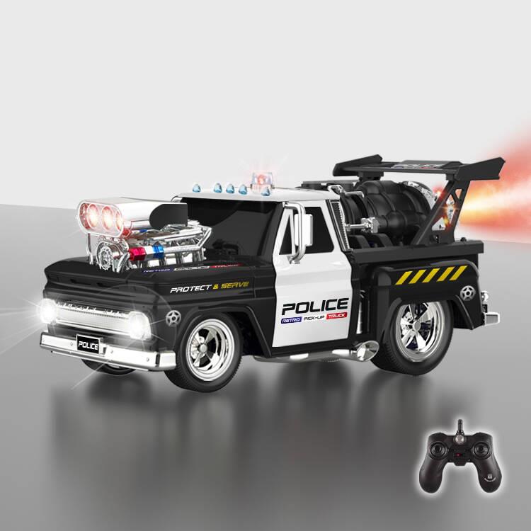 2.4G 1:14六通带切换声音遥控肌肉改装喷雾警车外置充电+USB充电(引擎带灯,前进带灯,前进喷雾启动，喷雾灯光同时亮起，左上键4种声音切换,右上键喇叭声,大小轮)1:14 MG8129B
