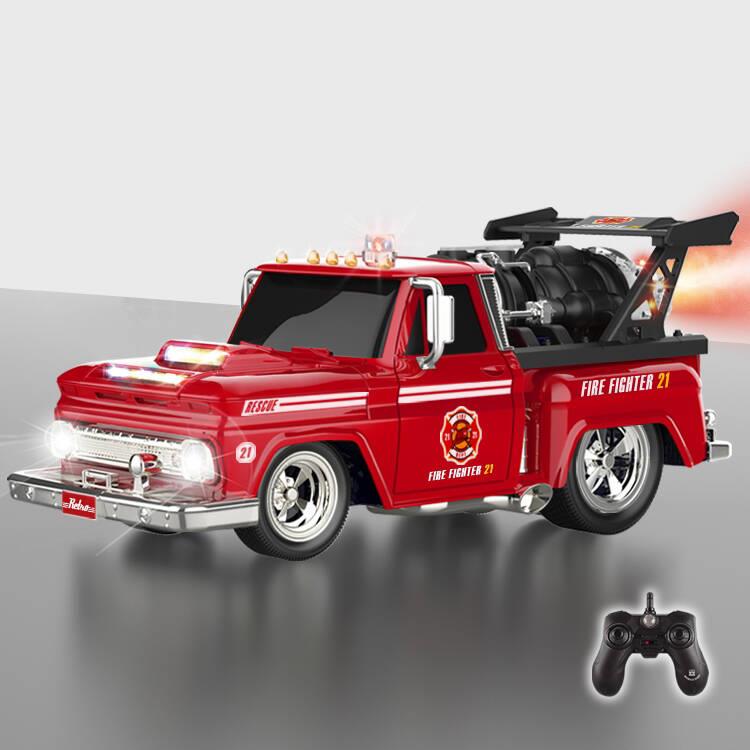 2.4G 1:14六通带切换声音遥控肌肉改装消防喷雾车(进气孔带灯,前进带灯,前进喷雾启动，喷雾灯光同时亮起，左上键4种声音切换,右上键喇叭声,大小轮)1:14 MG8023